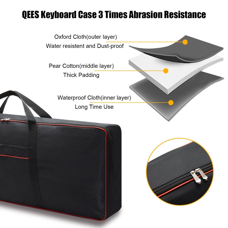 QEES 61 Key Keyboard Case Gig Bag Padded, Keyboard Cover, Portable Electric Keyboard Piano 600D Oxford Cloth with 10mm Cotton Case Gig Bag 40.1"x15.7"x4.7" GJB54 (black+red) - Image 3